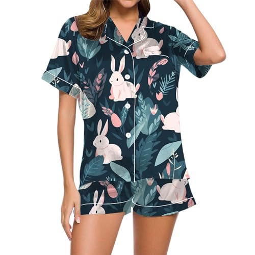 Ostern Pyjama Set Damen Satin Zweiteiler Osterhase Druck Schlafanzug Set Damen Bequeme Revers Cami Bluse Kurzärm Mit Taschen Und Knöpfen Kurzer Pyjamahose Ostern Schlafanzug Günstig Lila M von Generisch