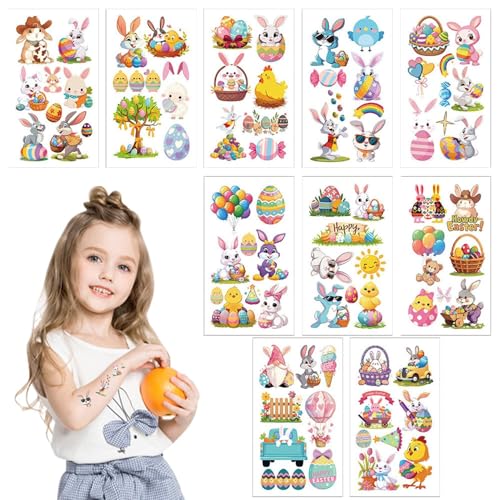 Ostern Temporäres Tattoo,Ostern Tattoo Aufkleber | 10 Blatt Hasen-Ei-Blumenaufkleber | Temporäre Tattoo-Aufkleber für Ostern, Ostereier, Hasen, Frühlingsferien-Themenaufkleber für Kinder, und Mädchen von Generisch
