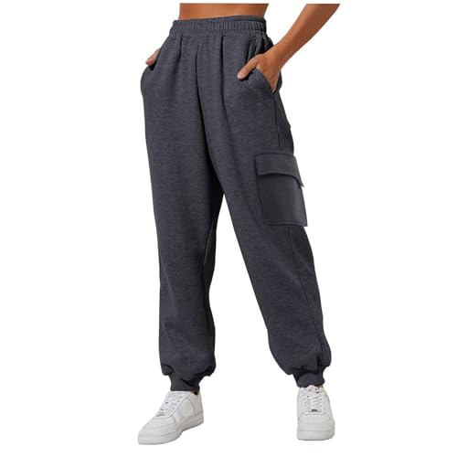 Outdoorhose Hose Hohe Taille Lang Baggy Elegant High Waist Outdoor Hosen Taschen Bequeme Stretch Freizeithosen Weites Bein Täglich Yogahose Elastisch Haremshose Sport Damen (021911-Grey, L) von Generisch