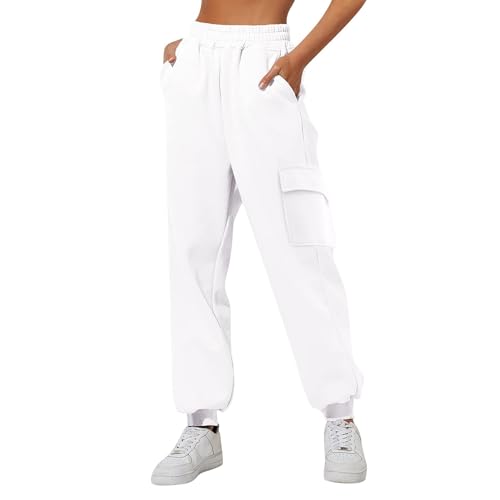 Outdoorhose Hose Hohe Taille Lang Baggy Elegant High Waist Outdoor Hosen Taschen Bequeme Stretch Freizeithosen Weites Bein Täglich Yogahose Elastisch Haremshose Sport Damen Jogginghose (White, L) von Generisch