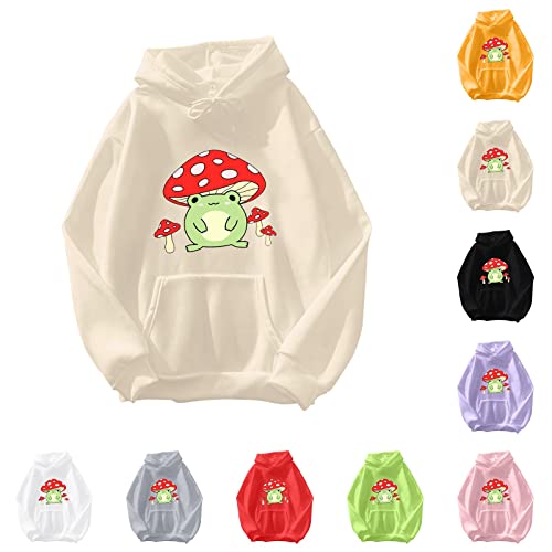 Oversize Hoodie Damen Kapuzenpullover Kawaii Frosch Anime Druck Sweatshirt Mädchen Trainingsjacke Aesthetic Hoody Mit Kapuze Warme Langarmshirt Mädchen Outwear Pullover（Beige,M von Generisch