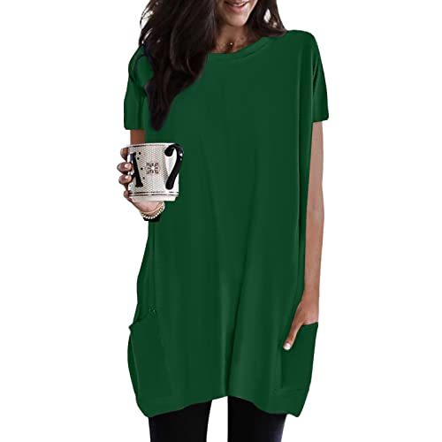 Oversize Shirt Damen Longshirt Sommershirt Strand Oberteil Mit Taschen Einfarbig Longbluse Lose Tunika Basic Tops Casual T-Shirt Elegant Sweatshirt von Generisch