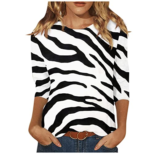 Oversize Shirt Damen Vintage,Bluse Damen Elegant 3/4 Ärmel Shirts Für Damen Niedlich Druck Grafik Tees Blusen Casual Plus Size Basic Tops Pullover Top Sexy Damen Oberteil Weiss (Zebra,L) von Generisch