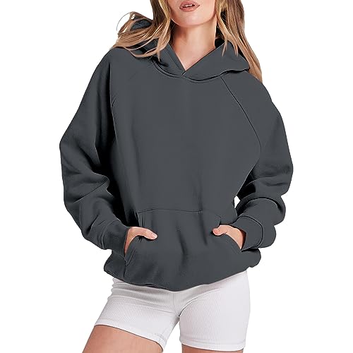 Oversized Hoodie Damen Langarm Sweatshirt Herbst Winter Einfarbig Warm Basic Hoody Freizeit Outwear Sport Style Training Kapuzenpullover Sweatjacke Teenager Mädchen Outdoor Winterpullover Streetwear von Generisch