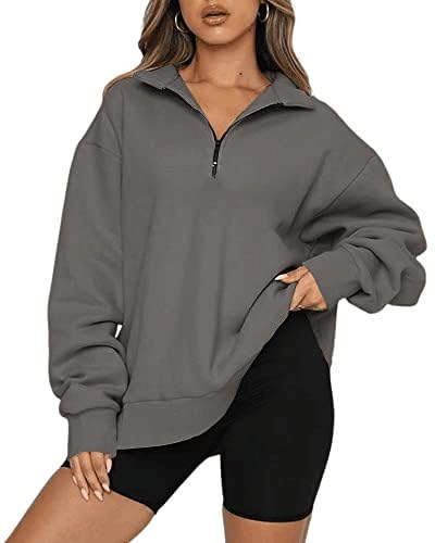 Oversized Sweatshirt Damen Loose Fit Kragen 1/4 Zip Pullover Half-Zip Pullover Langarm Sweatshirt, dunkelgrau, M von Generisch