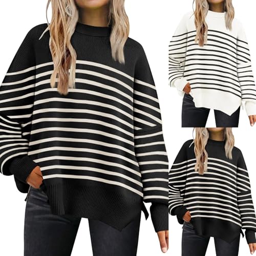 Oversized Sweatshirt Damen Rundhals Pullover Gestreifter Langarmshirts Oberteile Herbst Lässig Y2K Top Shirt Pulli Sweater,Pullover Damen Winter Warm von Generisch