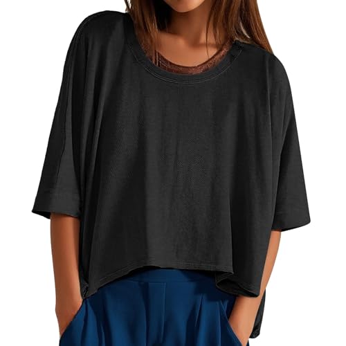 Oversized Tshirt Damen Kurz Crop Tops Sommer Rundhals Fledermausärmel Kurzarm Lockere Passform T Shirt Mode Lose Sport Freizeit T-Shirt Oberteile Weiß Grau Schwarz Einfarbig Tops von Generisch