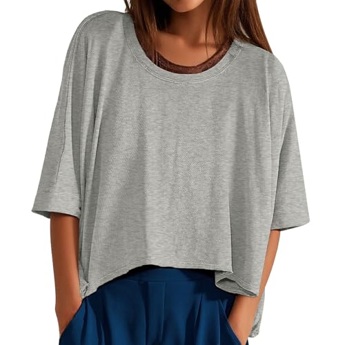 Oversized Tshirt Damen Kurz Crop Tops Sommer Rundhals Fledermausärmel Kurzarm Lockere Passform T Shirt Mode Lose Sport Freizeit T-Shirt Oberteile Weiß Grau Schwarz Einfarbig Tops von Generisch