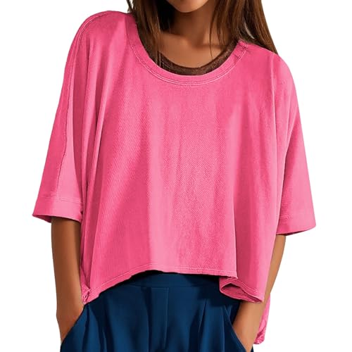 Oversized Tshirt Damen Kurz Crop Tops Sommer Rundhals Fledermausärmel Kurzarm Lockere Passform T Shirt Mode Lose Sport Freizeit T-Shirt Oberteile Weiß Grau Schwarz Einfarbig Tops von Generisch