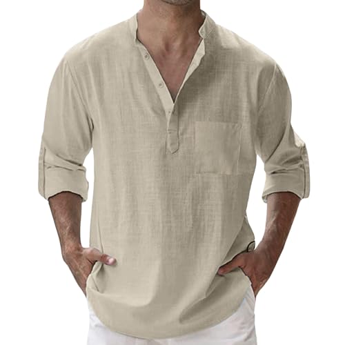 Oversized Tshirt Herren Sommer Casual Henley Leinen Hemd Faltbarer ÄRmel Button-Down Freizeithemd Langarm Baumwolle Regular Fit Henley Shirts Sommerhemd, S-4XL von Generisch