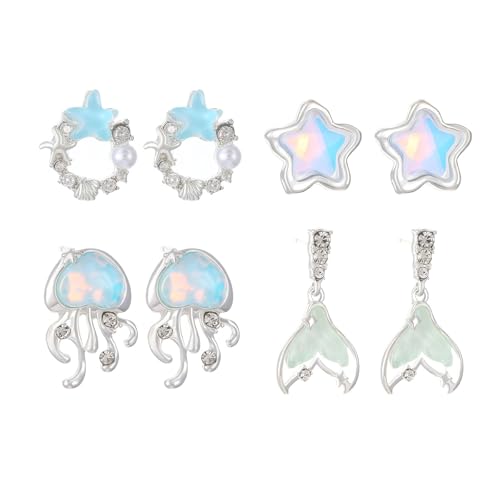 Ozean-Quallen-Ohrringe, Perlenstern-Ohrstecker, zierliche Sommerurlaubs-Ohrringe, Strandschmuck für Frauen (4pcs A) von Generisch