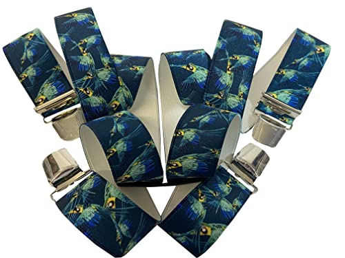 PAPAGEI ARA Hosenträger in Kunst-SEIDE - Kakadus - 35MM breite Hosenträger mit 4 Clips in H-Form verstellbare elastische Hosenträger mit starkem Metallclip/ Papagei ARA blau KS G-009 von Generisch