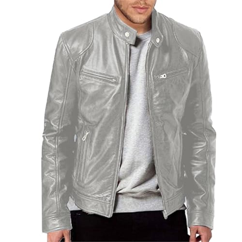 PU Leder Bikerjacke für Herren Übergangsjacke mit Stehkragen Softshell Fahrradjacke Große Größe Motorradjacke Kunstleder Wanderjacke Oversized Casual Sweatjacke für Herbst, grau, XL von Generisch