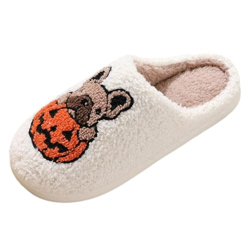 Paare Männer Frauen Halloween Schlupfschuhe Pelzigen Flache Hause Winter Runde Zehe Halten Warm Cartoon Drucke Hausschuhe Schuhe (White, 43) von Generisch