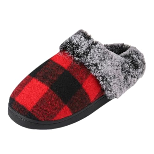 Paare Männer Frauen Slip On Pelzigen Flache Hause Winter Runde Zehe Halten Warme Drucke Hausschuhe Schuhe (Red, 41) von Generisch