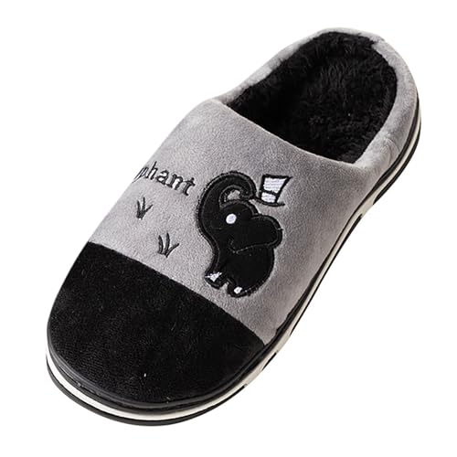 Paare Männer Frauen Slip On Pelzigen Plüsch Flache Hause Winter Runde Zehe Halten Warm Cartoon Drucke Hausschuhe Schuhe (Black, 45) von Generisch