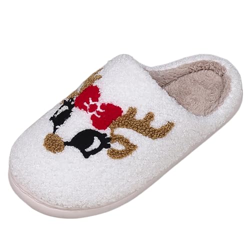 Paare Männer Frauen Weihnachten Slip On Pelzigen Plüsch Flache Hause Winter Runde Zehe Halten Warm Cartoon Drucke Hausschuhe Schuhe (White, 37) von Generisch