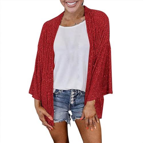 Pailletten Blazer Damen Glänzend Jacke Sakko Party Glitzer Silber Blouson Pailettenjacke Elegante (Rot,3XL) von Generisch