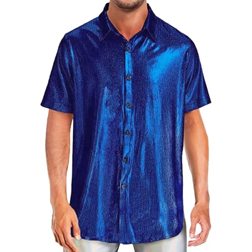 Pailletten Glitzer Hemd Herren Kurzarm Metallic Glänzend Print Hemd 70er Disco Party Kustüm Nachtklub Party Hemd Herren Freizeit Revers Button Down Lose Tops Faschingskostüme (Blau, M) von Generisch