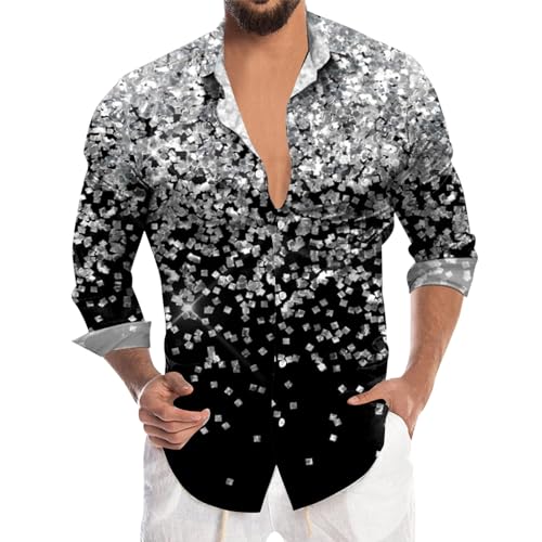 Pailletten Hemd Herren Trend Glitzer T-Shirt mit Knopfleiste Mode Revers Langarmshirt Disco Party Kustüm Karneval Festlich Shirts Leicht Luftig Freizeithemd Nachtclub Fasching Glitzerhemd von Generisch