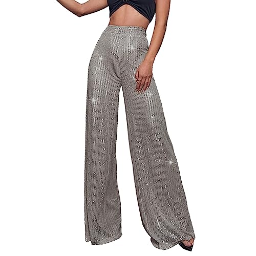 Pailletten Hose Damen Glänzend Schlaghose Elastische Hohe Taille Glitzerhose Extra Lang Bootcut Pailettenhose Sparkle Glitter Hosen Weites Bein Sommer Freizeithose Große Größen Damenhose von Generisch