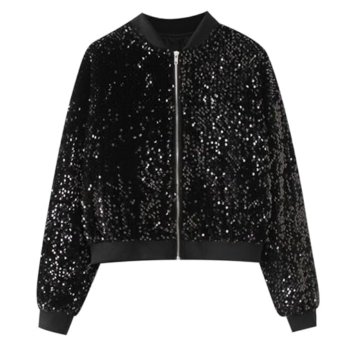 Pailletten Jacke Damen-Bomberjacke mit Glitzer Glänzend Pailletten Blazer Glitzer Glänzende Paillettenjacken Party Bolero Tops 80er Jahre Outfit Mottoparty Karneval Fasching Kostüm Disco Outfits von Generisch