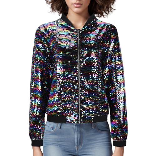 Pailletten Jacke Damen Bunt Glitzer Bomberjacke Glitzernde Jacken Langarm Glänzend Glitzer Bomber Jacke Kurzer Reißverschlussmantel Pailletten Blazer Rave Outfit Metallisches Festival Mantel Jacket von Generisch