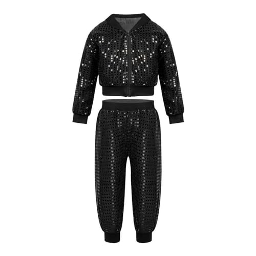 Pailletten Jacke Damen Glänzende Pailletten Overall Hip Hop Kleidung Jazz Dance Performance Tops mit durchgehendem Reißverschluss Street Dance Outfits Haremshosen Mädchen Kostüm Set Hose von Generisch