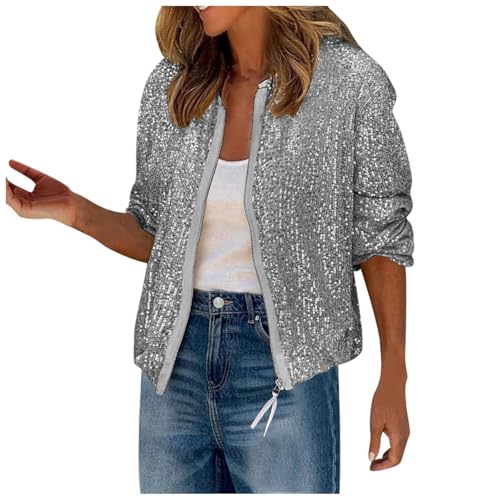 Pailletten Jacke Damen Gold Glitzer Blouson College Jacke Reißverschluss Pailletten Blazer Disco Langarm Cardigan Jacket Glitzer Outfit Elegant Brautjacke Festliche Party Bomberjacke Sakko Rave Outfit von Generisch