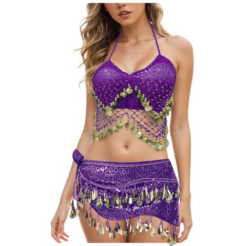 Pailletten Oberteil Damen Bauchtanz Kostüm Glitzer Oberteile BH mit Münzen Neckholder Rückenfrei Karneval Halloween Rave Festliche Party Pailletten Top Latin Indian Belly Bauchtanz Oberteile von Generisch