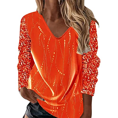 Pailletten Oberteil Damen Festliche Oberteile Karneval Kostüm Blusen Damen Glitzer Shirt Damen Pailletten Oberteil Glitzer Oberteile Damen Glitzer Bluse Damen Festlich Glitzer Pullover (Orange-6, XL) von Generisch