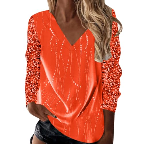 Pailletten Oberteil Damen Festliche Oberteile Karneval Kostüm Blusen Damen Glitzer Shirt Damen Pailletten Oberteil Glitzer Oberteile Damen Glitzer Bluse Damen Festlich Glitzer Pullover (Orange-7, L) von Generisch