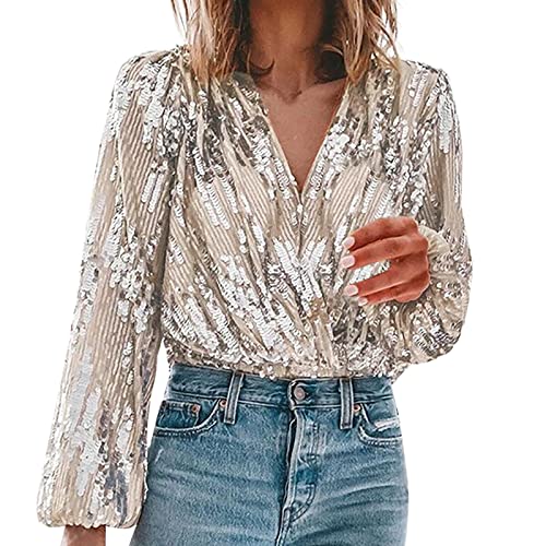 Pailletten Oberteil Damen Tshirt Damen Elegant Damen Disco Outfit Top Glänzendes Langarmshirt Festliche Blusen Damen V-Ausschnitt Shirt Silber Metallic Oberteil Glitzer Bluse Party Silber Glitzer von Generisch