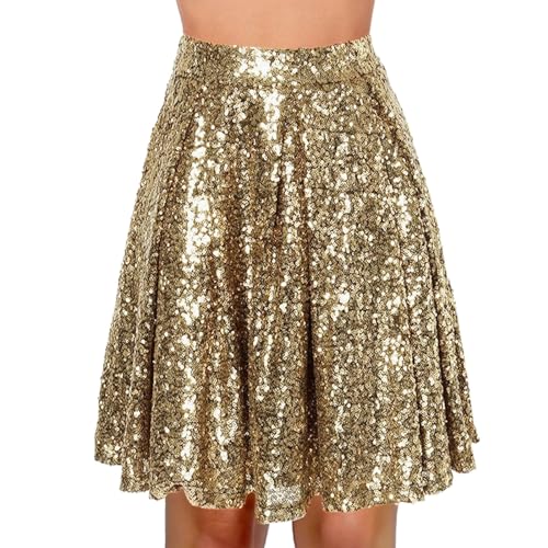Pailletten Rock Damen Minirock Glitzer Pailletten Rock Goldener Rock Petticoat Minirock Kurz Mini Rock Faltenrock Stilvoll Glitzer Rock Tanz Rock Rock Hohe Taille Metallischer Glocken Rock Karneval von Generisch
