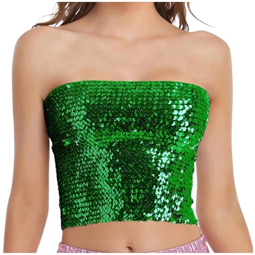 Pailletten Rock Glitzer Bandeau Top mit Metallic Stretch Bauchtanz Hüfttuch Silber Bandeau Shorts Trägerloses Damen Pailletten Top Party Club Outfits Bauchtanz Kostüm Damen von Generisch