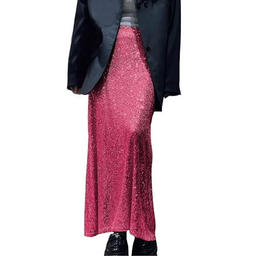 Pailletten Rock Gold Mit Hoch Taillie Länge Slim Fit Glitzer Röck Bequem Langer Elastisch Taille Damen High Waist Lässig Valentinstag Hohe A Linien Bund Röcke Freizeit Große Größen (Hot Pink, XL) von Generisch