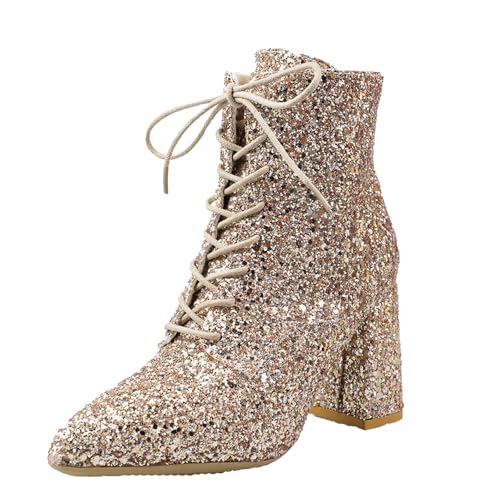 Pailletten Stiefeletten Damen mit Zipper Winterstiefel Glitter Schuhe Kurzstiefel Stiefeletten Einfarbig Trachtenschuhe Damenstiefel Halbstiefel Festliche Schuhe Übergangsstiefel von Generisch