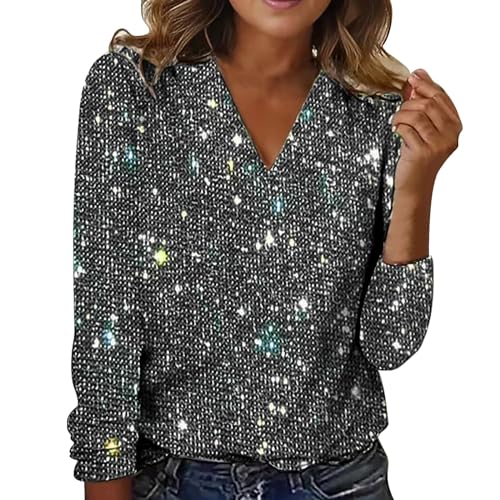 Pailletten-T-Shirt für Damen, langärmliges T-Shirt mit V-Ausschnitt, Festliche Bluse, elegant, langärmelig, Party, Glitzerbluse, Bluse, Tunika, Grau, S, grau, Small Pailletten-T-Shirt für Damen, langärmliges T-Shirt mit V-Ausschnitt, Festliche Bluse, elegant, langärmelig, Party, Glitzerbluse, Bluse, Tunika, Grau, S, grau, Small von Generisch