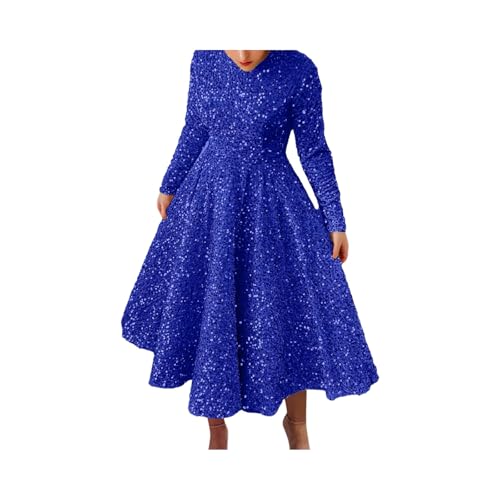 Paillettenkleid, Glitzerkleid Damen, Rundhalsausschnitt Lange Ärmel Pailettenkleider für Damen Glitzerndes Plissee-Cocktailkleid A Linien Glitzer Kleid Lang Elegant Partykleid Silvester Kleid Frauen von Generisch