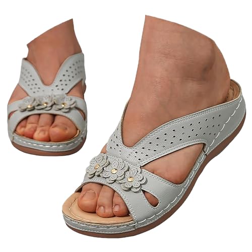 Pantoffeln Damen Sommer Leder, Orthopädische Pantoletten Damen Orthofit Slipper Arch Support Sandalen Sommer Latschen Schlappen Offene Schuhe Hausschuhe Keilabsatz Sandaletten Weich Outdoorsandalen 1 von Generisch