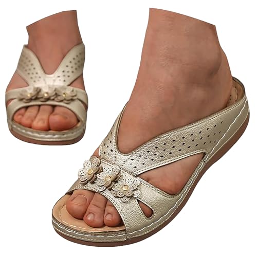 Pantoffeln Damen Sommer Leder, Orthopädische Pantoletten Damen Orthofit Slipper Arch Support Sandalen Sommer Latschen Schlappen Offene Schuhe Hausschuhe Keilabsatz Sandaletten Weich Outdoorsandalen 1 von Generisch