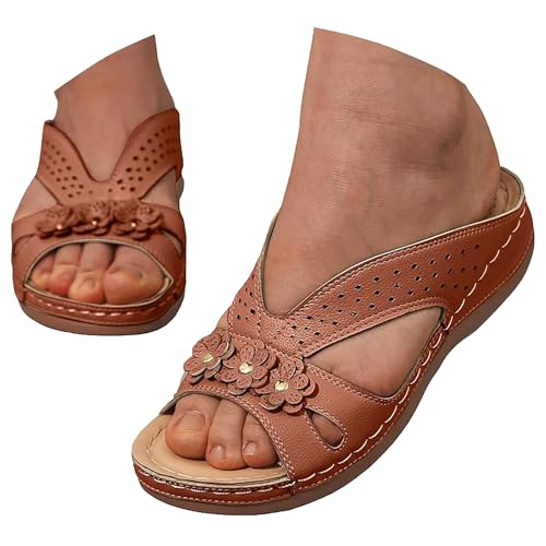 Pantoffeln Damen Sommer Leder, Orthopädische Pantoletten Damen Orthofit Slipper Arch Support Sandalen Sommer Latschen Schlappen Offene Schuhe Hausschuhe Keilabsatz Sandaletten Weich Outdoorsandalen 1 von Generisch