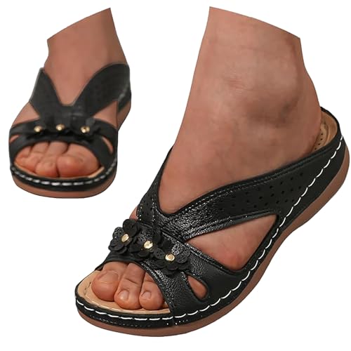 Pantoffeln Damen Sommer Leder, Orthopädische Pantoletten Damen Orthofit Slipper Arch Support Sandalen Sommer Latschen Schlappen Offene Schuhe Hausschuhe Keilabsatz Sandaletten Weich Outdoorsandalen 1 von Generisch
