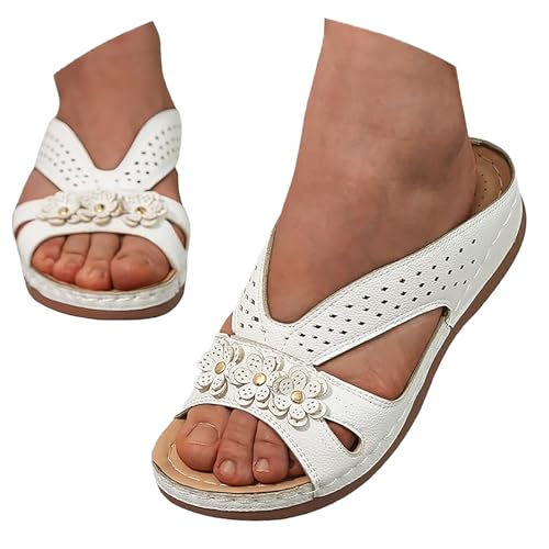 Pantoffeln Damen Sommer Leder, Orthopädische Pantoletten Damen Orthofit Slipper Arch Support Sandalen Sommer Latschen Schlappen Offene Schuhe Hausschuhe Keilabsatz Sandaletten Weich Outdoorsandalen 1 von Generisch