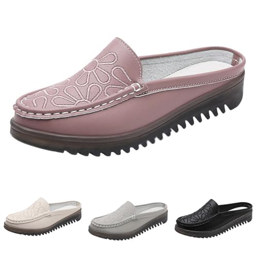 Pantoletten Damen Bestickte Leder Schuhe Damen Slip On Weite H Elegant Schlupfschuhe Hinten Offen Freizeitschuhe Weichen Sohle Slipper Atmungsaktive Joggingschuhe Leichtgewichts Trekkingschuhe von Generisch