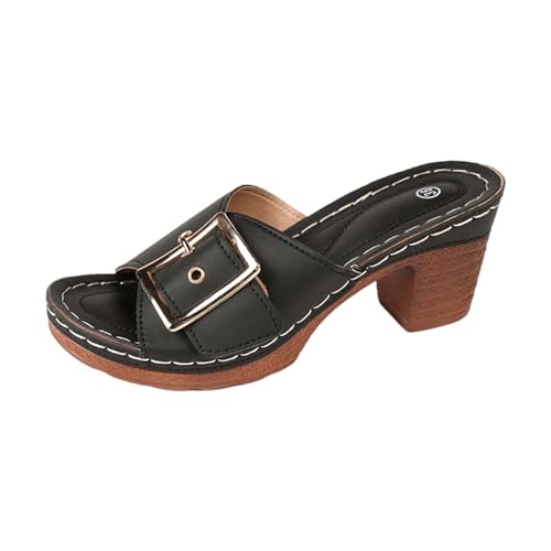Pantoletten Damen High Heels Spangenpantolette Stylisch Peep Toe Mules mit Blockabsatz Bequem Elegant Sandalen Sommer Schuhe Pantoletten-Sandalen mit Offenem Zehenbereich und Absatz von Generisch