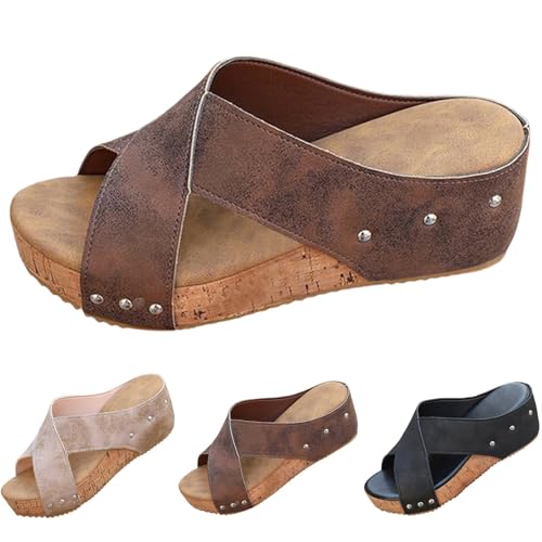 Pantoletten Damen Keilabsatz Ergonomische Damensandalen für Schmerzlinderung Schlappen Plateau Sandalen Bequem Gartenschuhe Lassig Platform Hausschuhe Atmungsaktiv Leder Strandsandalen von Generisch