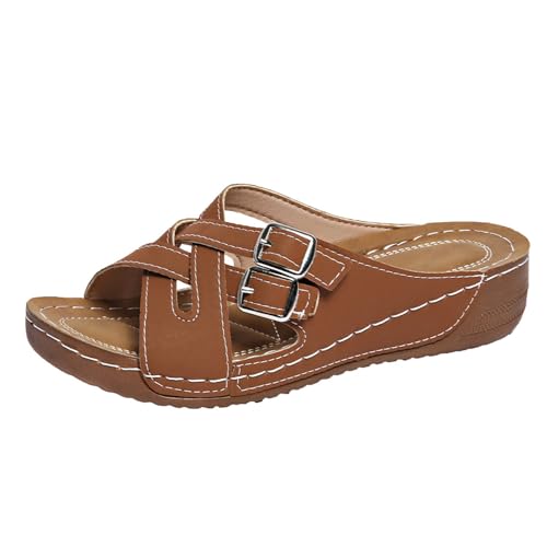 Pantoletten Damen Mit Absatz, Orthopädische Sandalen Damen Leder Plateau Pantoffelen Kreuzriemen Slides Orthofit Slippers Weiche Fußbett Sandaletten Keilabsatz Flip Flops Bequem Sommerschuhe 1 von Generisch