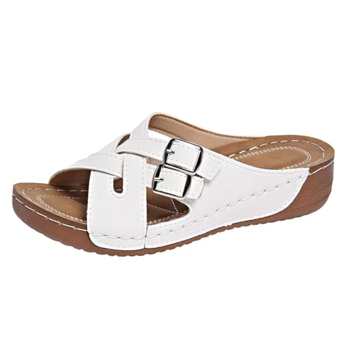 Pantoletten Damen Mit Absatz, Orthopädische Sandalen Damen Leder Plateau Pantoffelen Kreuzriemen Slides Orthofit Slippers Weiche Fußbett Sandaletten Keilabsatz Flip Flops Bequem Sommerschuhe 1 von Generisch