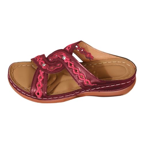Pantoletten Damen Mit Fussbett Leder Orthopädische Schuhe Fersensporn Sommerschuhe Bohemian Einriemer-Sandalen Atmungsaktiv Freizeitsandalen Slingback Pantoletten Damenschuhe Keilsandaletten von Generisch
